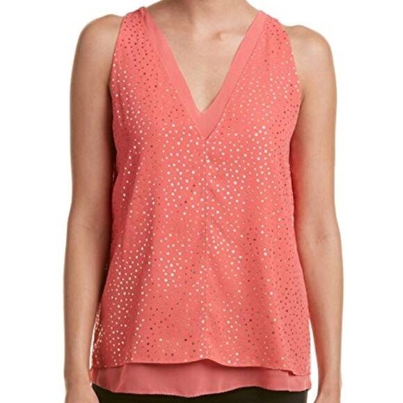 Cooper & Ella Coral Pink Gold Polka Dot Keyhole Sleeveless Blouse Women's Small - Picture 1 of 7